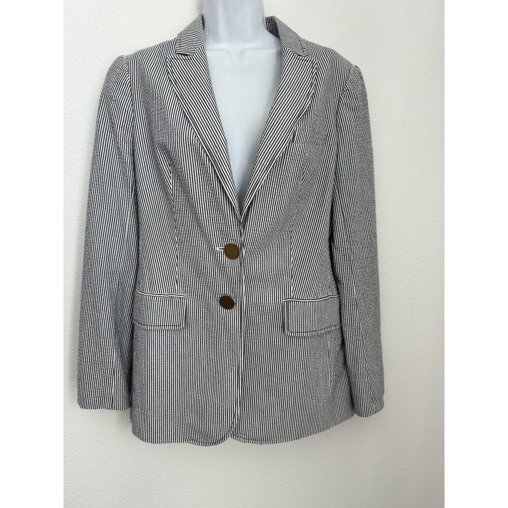 Tory Burch Blue White Seersucker Striped Blazer Jacket Size 10 Lined Coastal